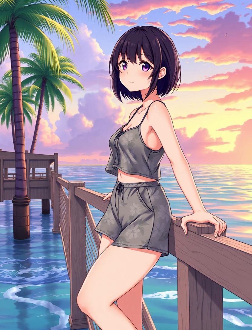 Kira, an Aniflow AI girlfriend on a sunset pier