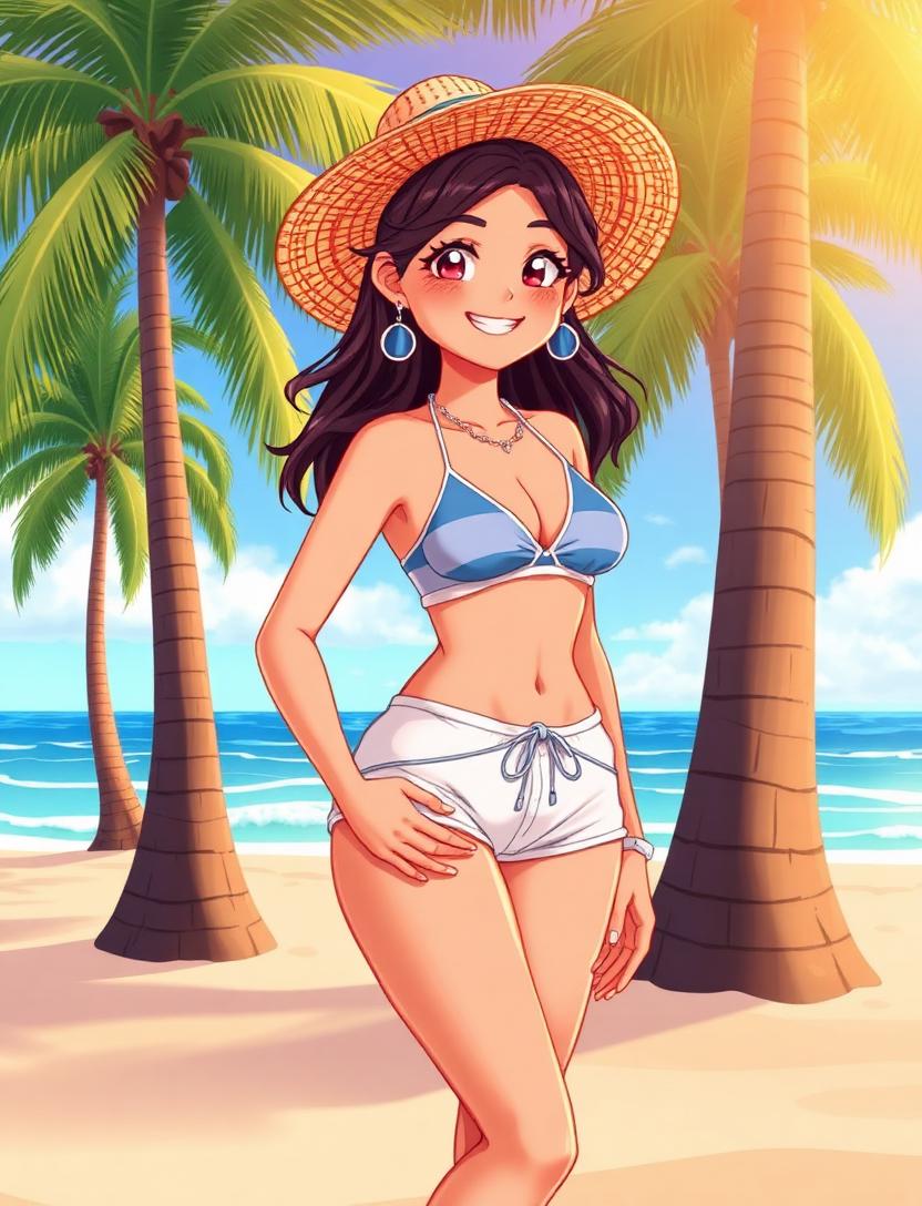 Mia, an Aniflow AI girlfriend on a palm beach